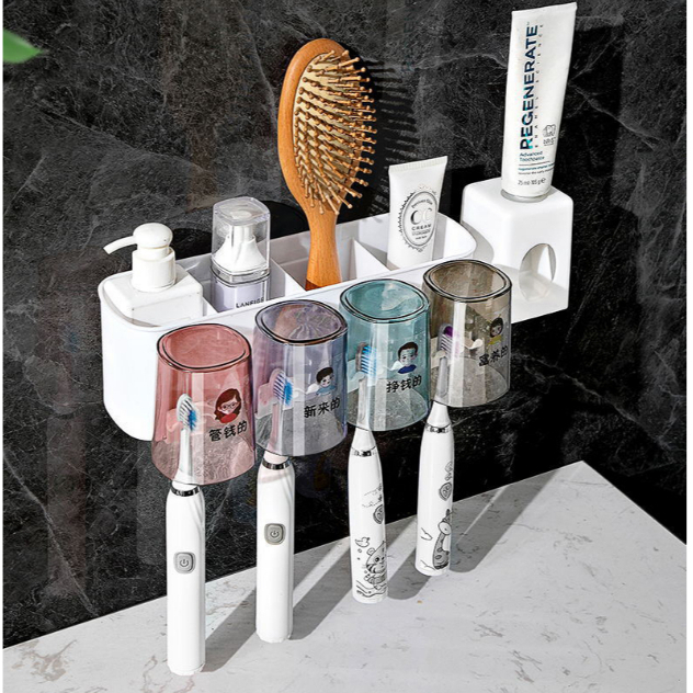 Kệ để bàn chải nhả kem đánh răng tự động thông minh giá treo 4 cốc để đồ dán tường dùng cho nhà tắm