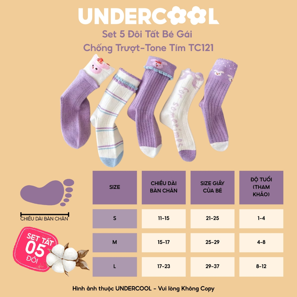 Set 5 Đôi Tất Bé Gái Cổ Bèo Chống Trượt UNDERCOOL Tone Tím Cổ Bèo Tone Lavender Họa Tiết Vintage Nơ Đáng Yêu TC121
