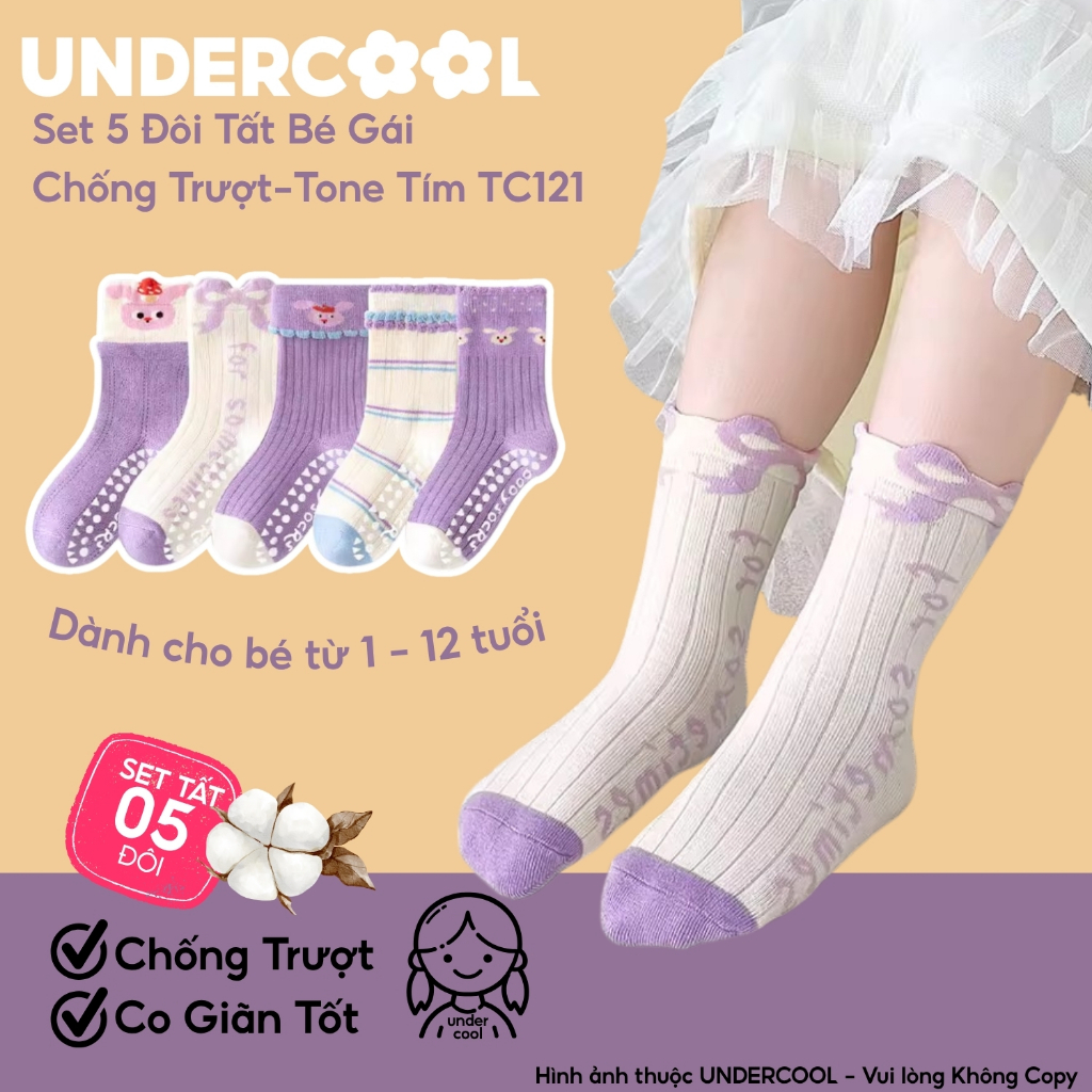 Set 5 Đôi Tất Bé Gái Cổ Bèo Chống Trượt UNDERCOOL Tone Tím Cổ Bèo Tone Lavender Họa Tiết Vintage Nơ Đáng Yêu TC121