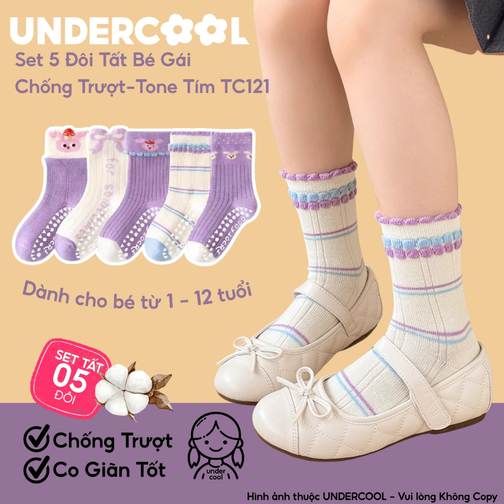 Set 5 Đôi Tất Bé Gái Cổ Bèo Chống Trượt UNDERCOOL Tone Tím Cổ Bèo Tone Lavender Họa Tiết Vintage Nơ Đáng Yêu TC121