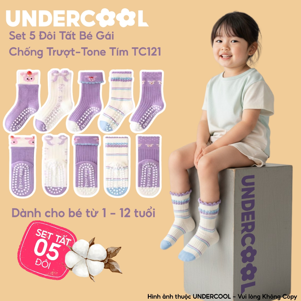 Set 5 Đôi Tất Bé Gái Cổ Bèo Chống Trượt UNDERCOOL Tone Tím Cổ Bèo Tone Lavender Họa Tiết Vintage Nơ Đáng Yêu TC121