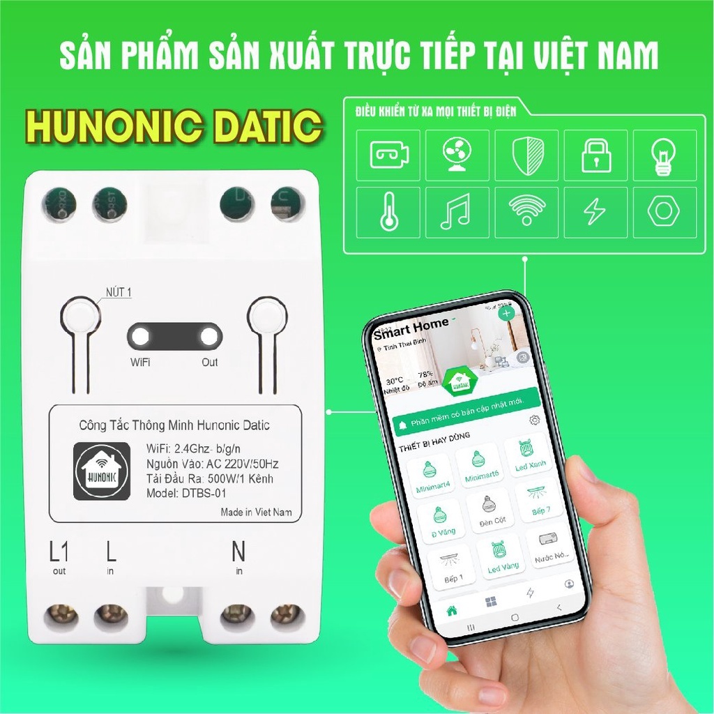 Công Tắc Thông Minh Wifi Hunonic Datic Basic - CÔNG TẮC Điều Khiển Thiết Bị Từ Xa Qua Điện Thoại