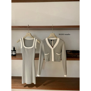 𝐏𝐡𝐢𝐞𝐧 | (Sẵn Ship) W7715 Set Len Váy Body 3 Lỗ Áo Khoác Croptop Viền Trắng