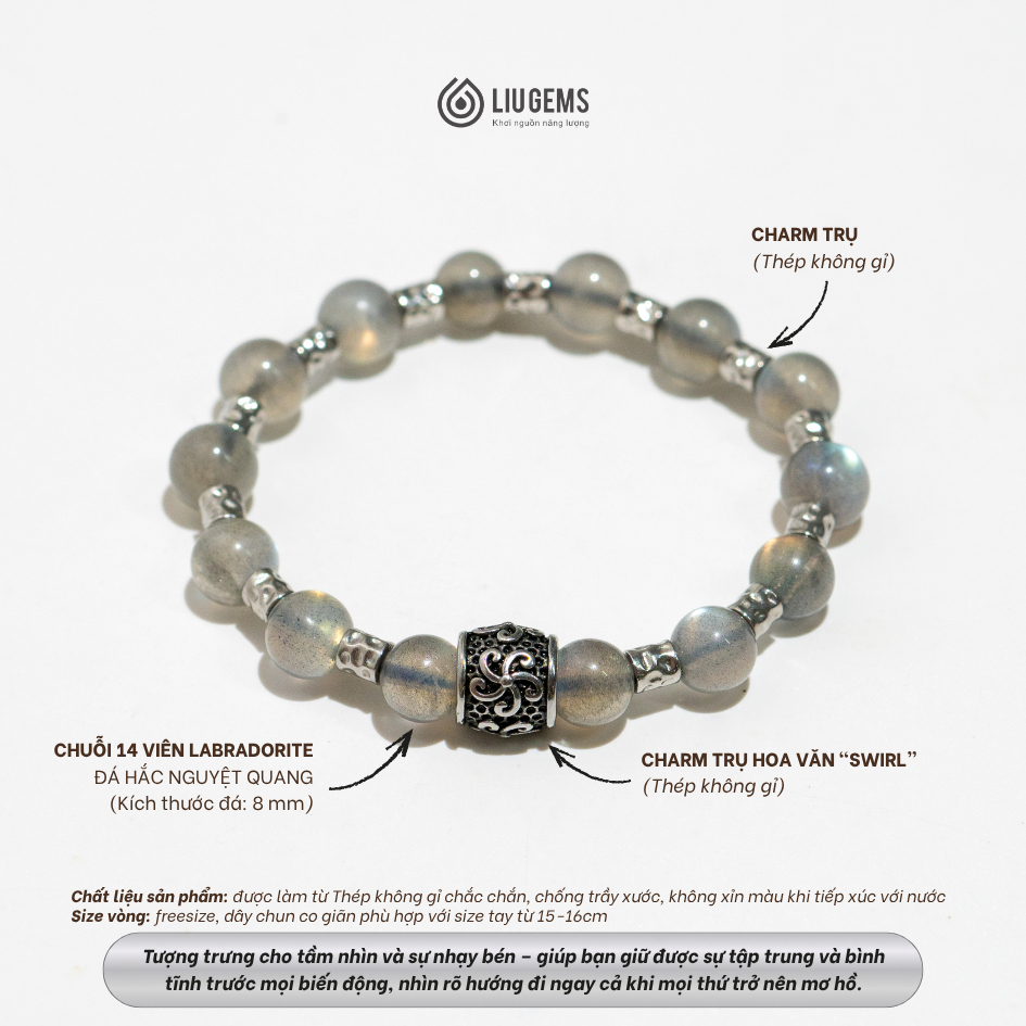 Vòng Tay Chuỗi Hạt 14 Viên Đá Tự Nhiên 8Ly Liugems Valor Mix Charm Thép Không Gỉ Cao Cấp VTDTR03