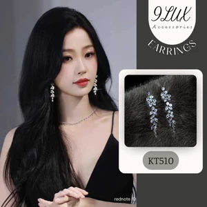 9LUX Khuyên tai tiệc dây lá đá zircon đá nữ tính sang trọng CCLA21 ,Khuyên tai nữ cung tròn to bản mờ ER71