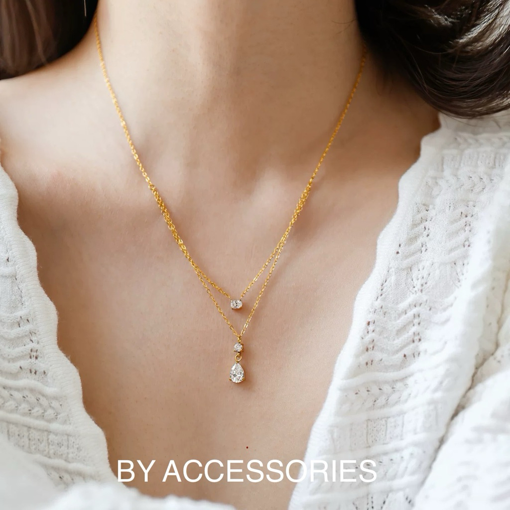 Dây chuyền nữ titan 2 tầng xích mảnh mạ vàng 18K phối đá oval và đá hình giọt nước xinh lấp lánh không gỉ WN2523