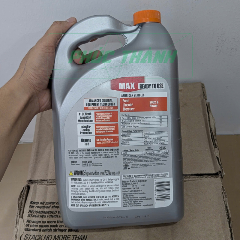 Nước làm mát ô tô màu cam Prestone MAX American Vehicles 3,78L nhập khẩu Mỹ - Chính hãng