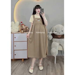 VÁY BẦU CỘC TAY YẾM LIỀN TỔ ONG THÊU - 2 MẦU ( Nâu -  Đen )