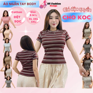 Áo thun sọc viền nữ chiết eo basic cổ tròn, áo phông nữ ôm body cộc ngắn tay HP52