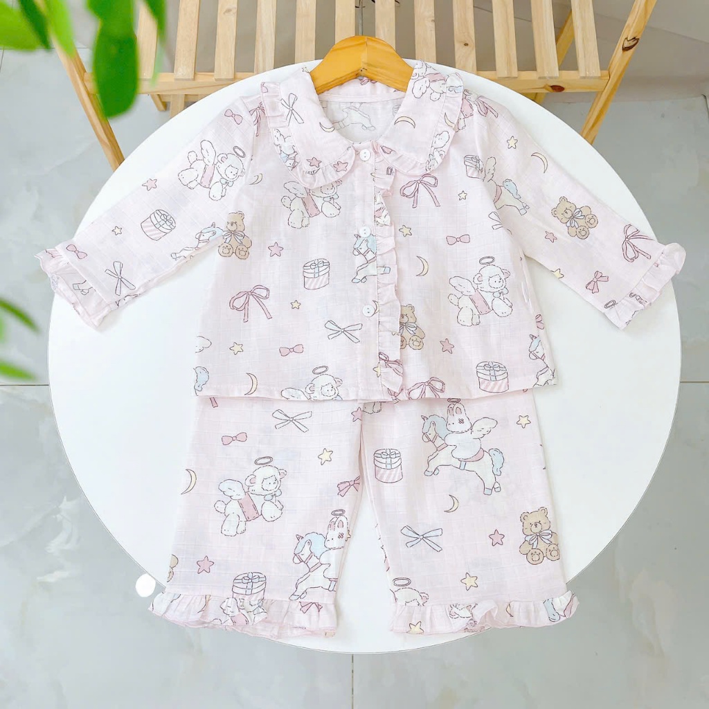Pijama bé gái xô cotton Lá Homewear A346, bộ dài tay bé gái cổ bèo dễ thương, bộ ngủ mát trẻ em gái