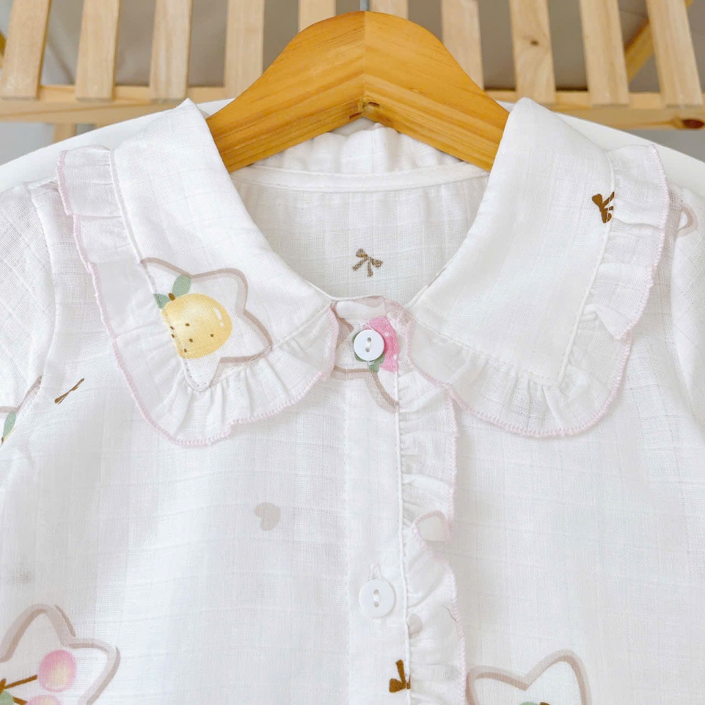 Pijama bé gái xô cotton Lá Homewear A346, bộ dài tay bé gái cổ bèo dễ thương, bộ ngủ mát trẻ em gái