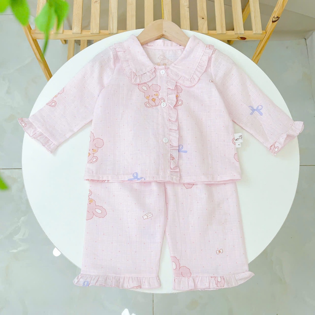 Pijama bé gái xô cotton Lá Homewear A346, bộ dài tay bé gái cổ bèo dễ thương, bộ ngủ mát trẻ em gái