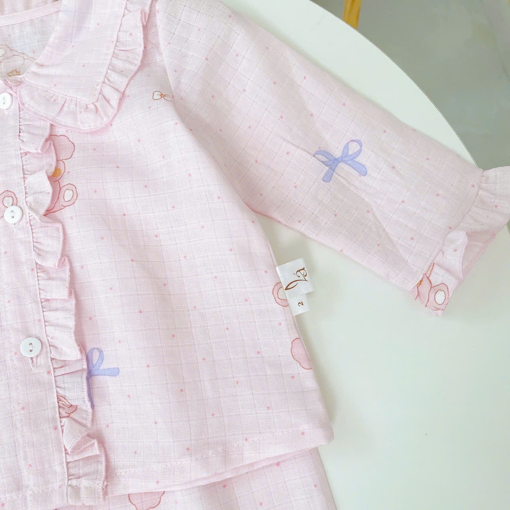 Pijama bé gái xô cotton Lá Homewear A346, bộ dài tay bé gái cổ bèo dễ thương, bộ ngủ mát trẻ em gái