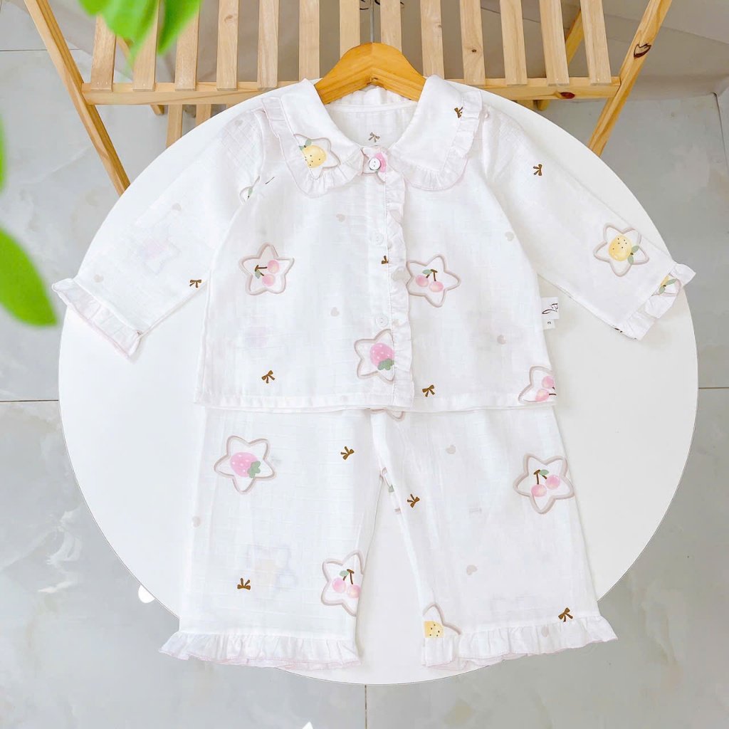 Pijama bé gái xô cotton Lá Homewear A346, bộ dài tay bé gái cổ bèo dễ thương, bộ ngủ mát trẻ em gái