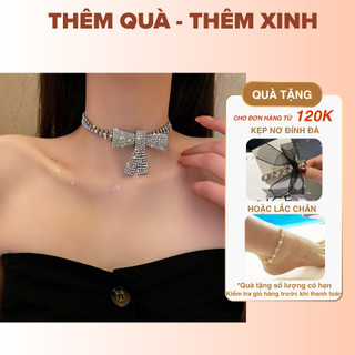 [🔥XƯỞNG SALE SẬP SÀN🔥] Vòng Cổ Choker Khảm Bạc Phối Nơ Đính Đá Lấp Lánh Sang Trọng Đi Tiệc N203
