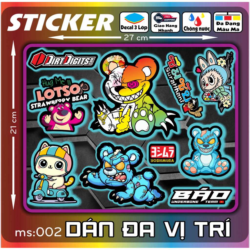 Tem dán Logo Sticker LaBuBu, Gấu Quỷ, Race dán xe máy xe điện nón bảo hiểm và vị trí khác [01-10]