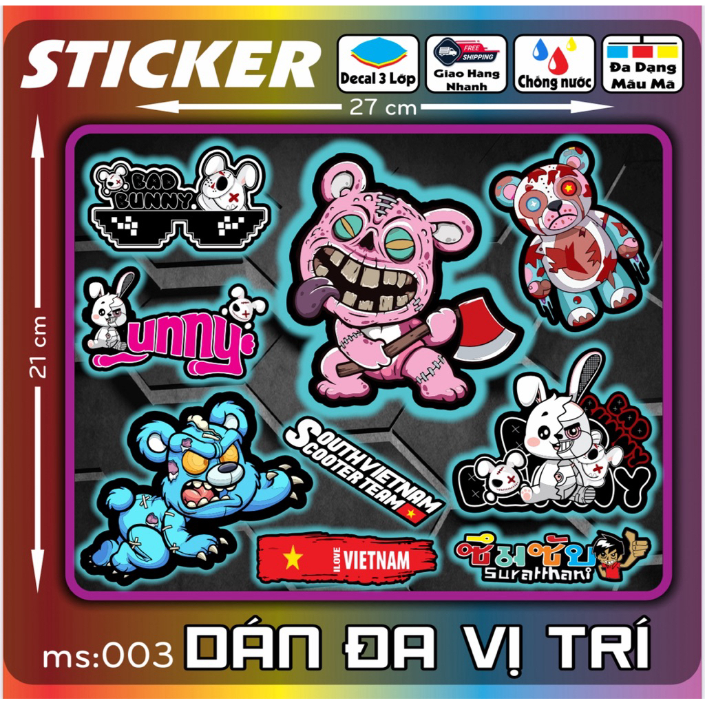 Tem dán Logo Sticker LaBuBu, Gấu Quỷ, Race dán xe máy xe điện nón bảo hiểm và vị trí khác [01-10]