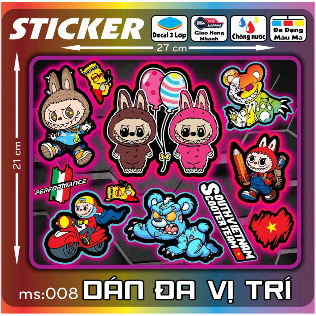 Tem dán Logo Sticker LaBuBu, Gấu Quỷ, Race dán xe máy xe điện nón bảo hiểm và vị trí khác [01-10]