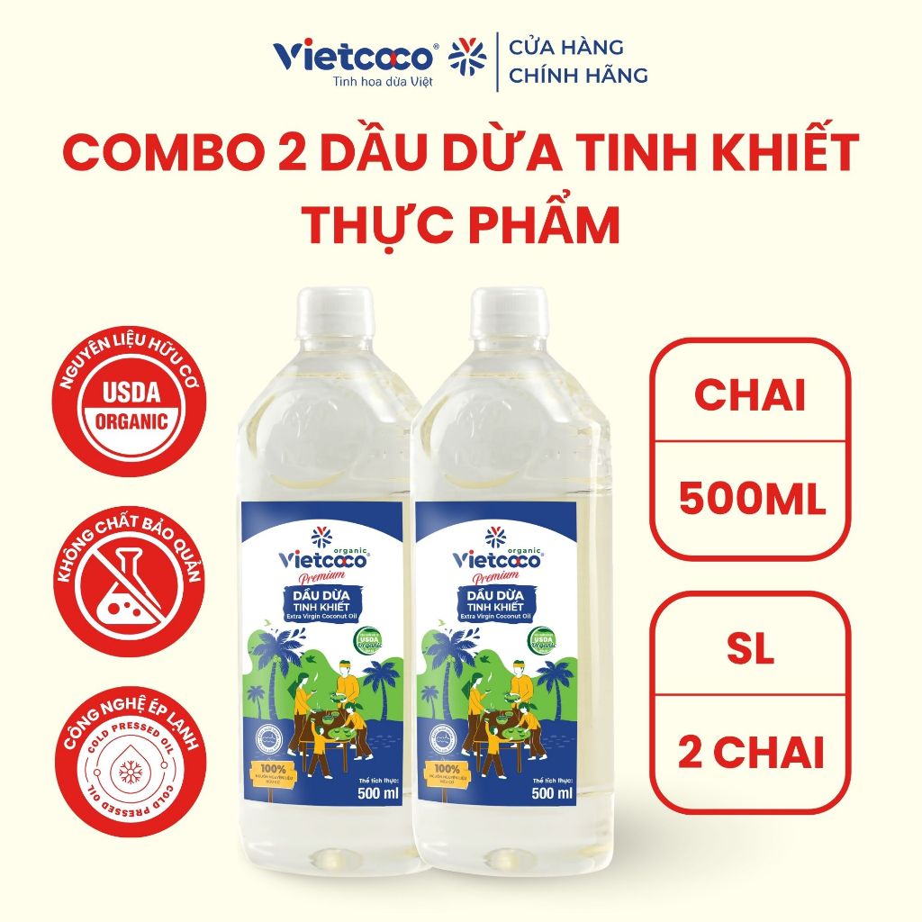[COMBO 2 CHAI] Dầu dừa tinh khiết Organic Vietcoco (thực phẩm ) chai 500ml