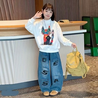 Set Đồ Unisex Cho Bé Cực Chất – Áo Nỉ Tay Dài In Mèo Phối Quần Jean Rộng