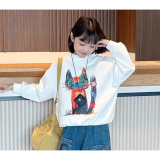 Set Đồ Unisex Cho Bé Cực Chất – Áo Nỉ Tay Dài In Mèo Phối Quần Jean Rộng
