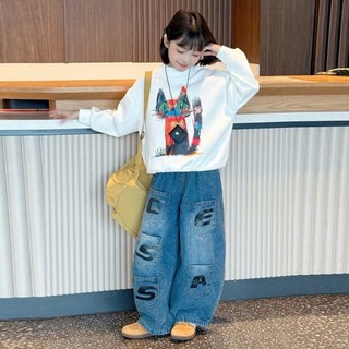 Set Đồ Unisex Cho Bé Cực Chất – Áo Nỉ Tay Dài In Mèo Phối Quần Jean Rộng