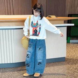 Set Đồ Unisex Cho Bé Cực Chất – Áo Nỉ Tay Dài In Mèo Phối Quần Jean Rộng
