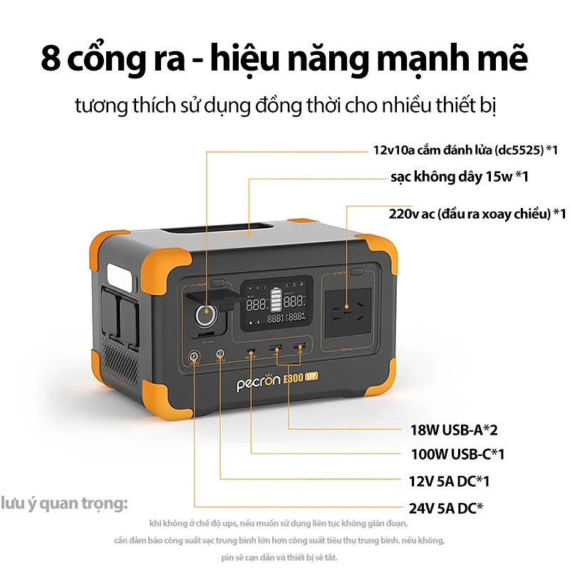 Pecron E300LFP 300W  (đỉnh 600W) trạm sạc di động, pin LiFePO4, dùng khi mất điện, sạc quạt, đèn