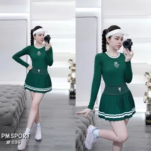 Sét thể thao mềm dài tay kèm chân váy cạp cao xếp ly dáng ngắn