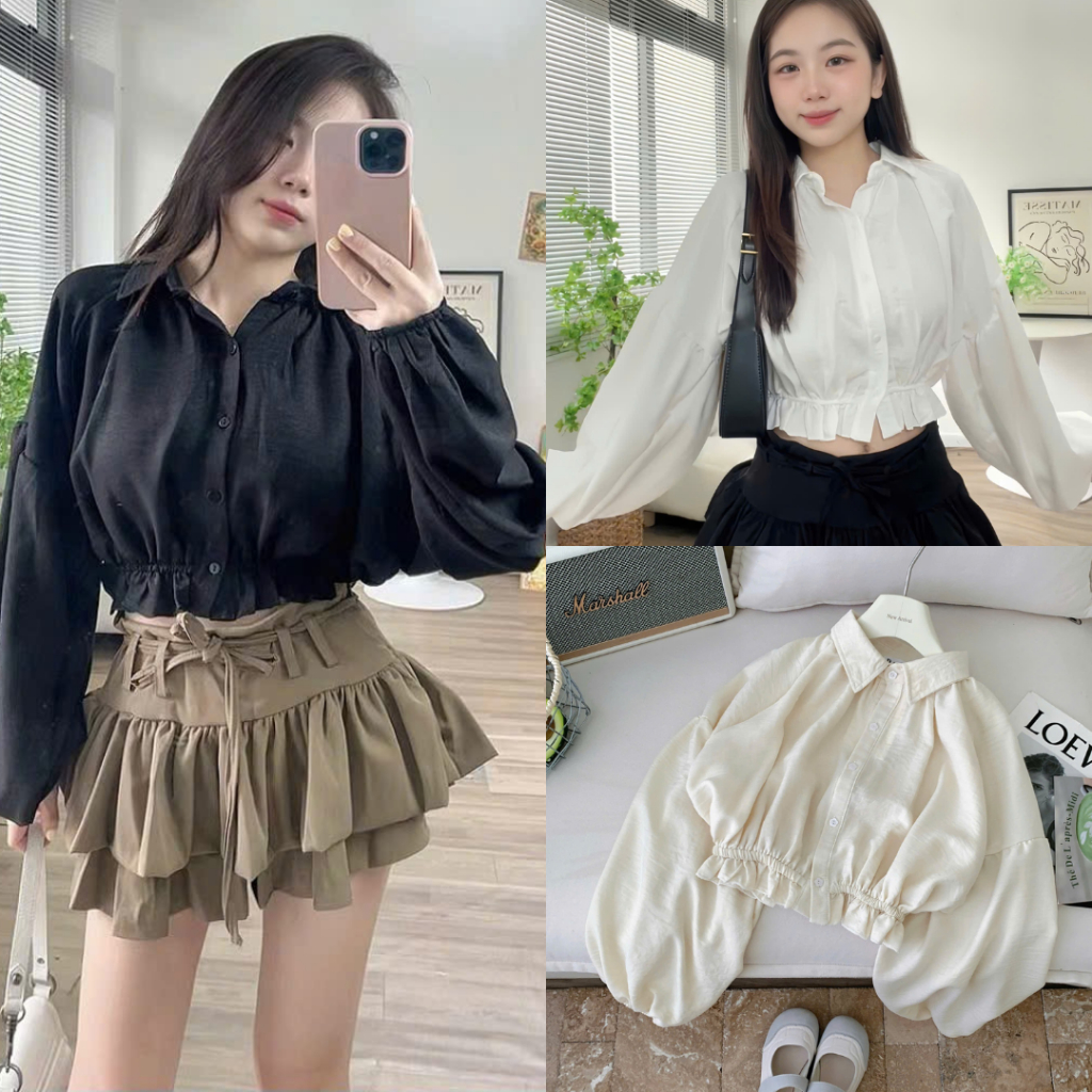 Áo Sơ Mi Croptop Bo Chun Eo Tay Bồng Siêu Xinh, Labibi | Shopee Việt Nam