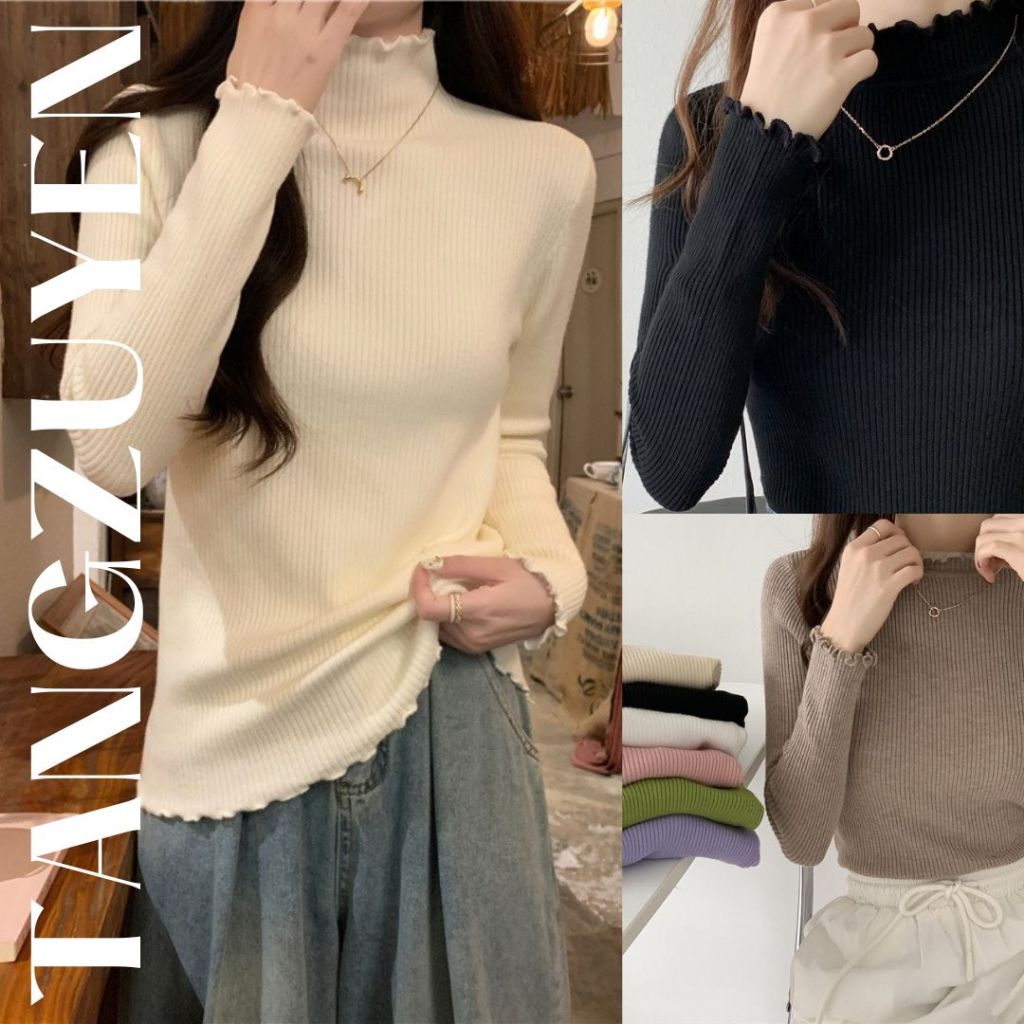 ( Quảng Châu ) Áo len cổ cao 3cm viền bèo dài tay ôm body nữ tính bánh bèo tiểu thư Áo giữ nhiệt mùa đông T830G