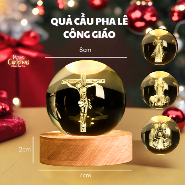 Đèn Ngủ, Quả Cầu Pha Lê 3D 8cm Công Giáo Để Bàn Decor Trang Trí, Đế Đổi Màu Bảo Hành Uy Tín