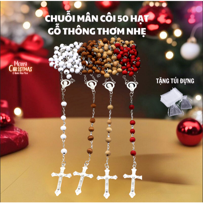 Tràng Hạt, Chuỗi Mân Côi 50 Hạt Gỗ Thông Thơm Nhẹ, Gỗ Thông Tự Nhiên