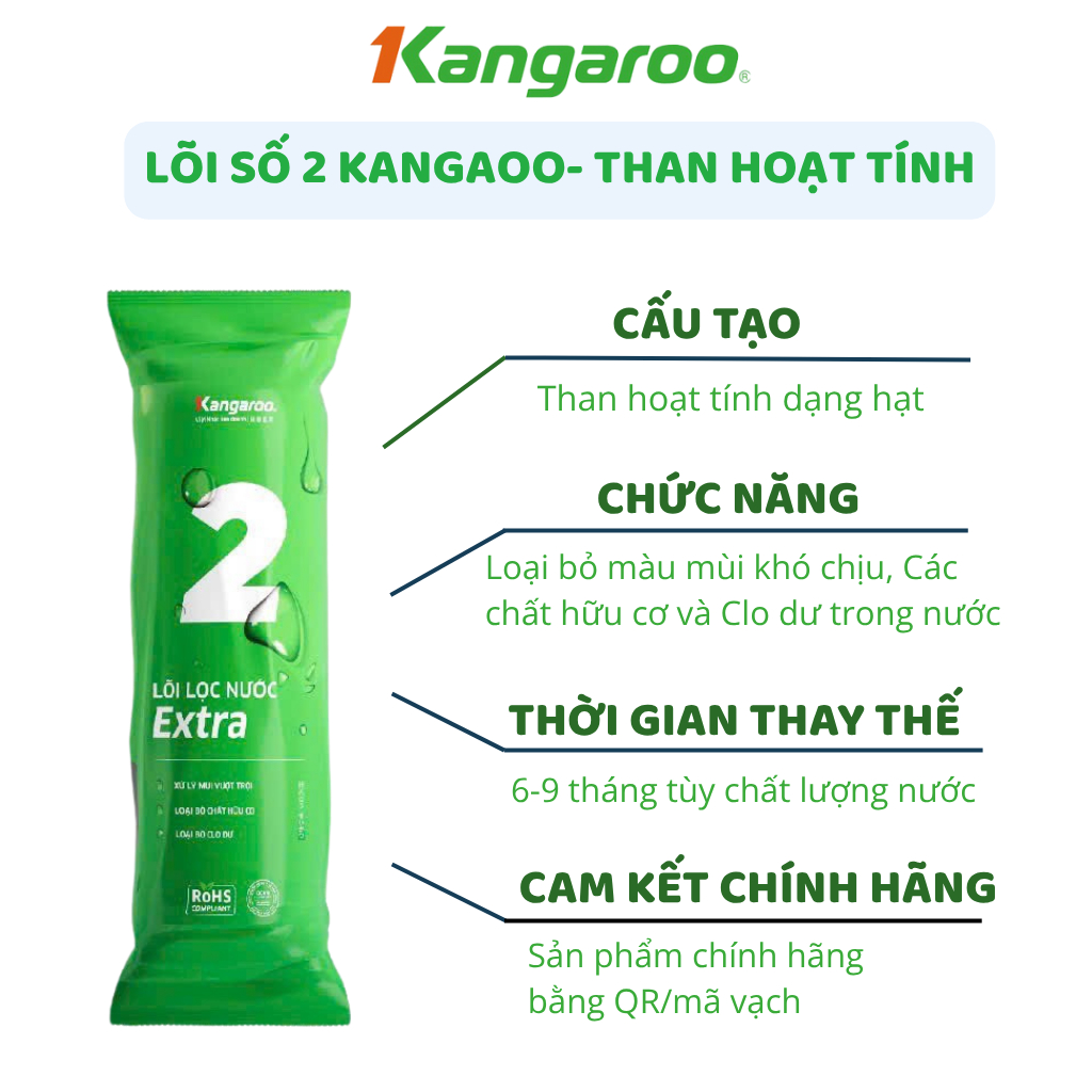 Lõi lọc thô số 2 Kangaroo Extra than hoạt tính chính hãng dùng cho máy loc nước RO có 3 cốc lọc thô 10Inch