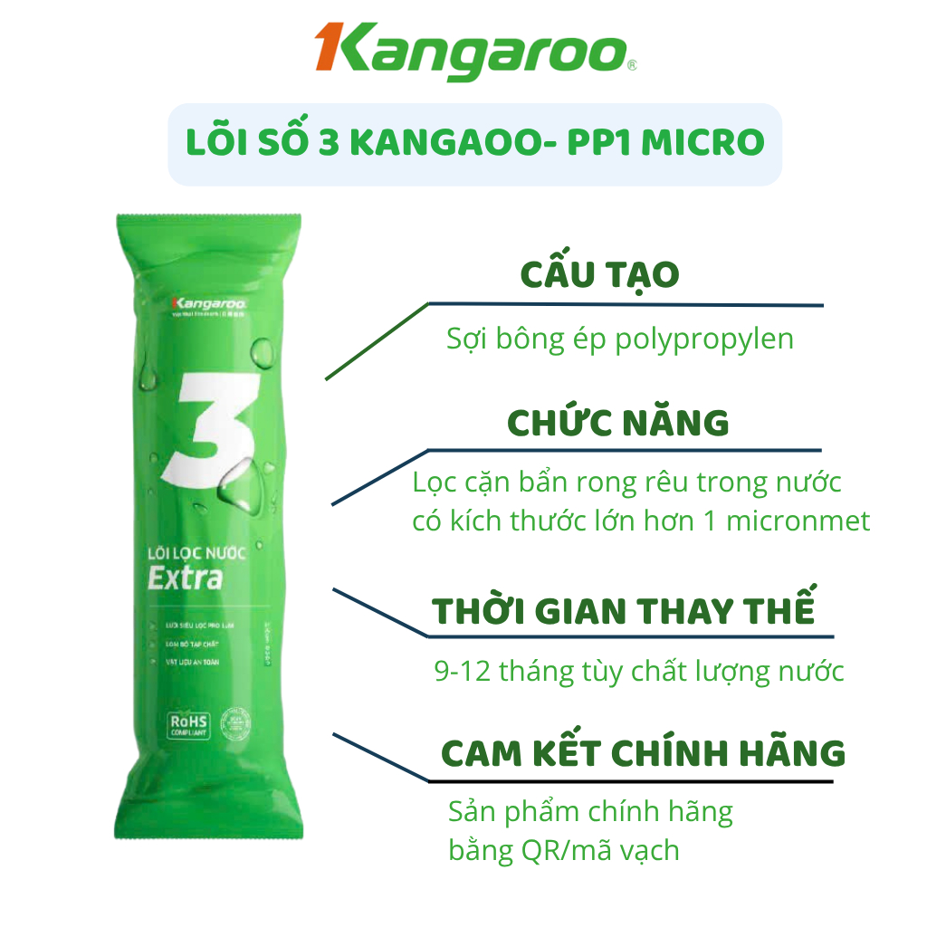 Combo 3 Lõi Lọc Nước Kangaroo Chính Hãng Thay Thế Được Cho Các Máy Lọc Nước RO Dùng Cốc 10 inch