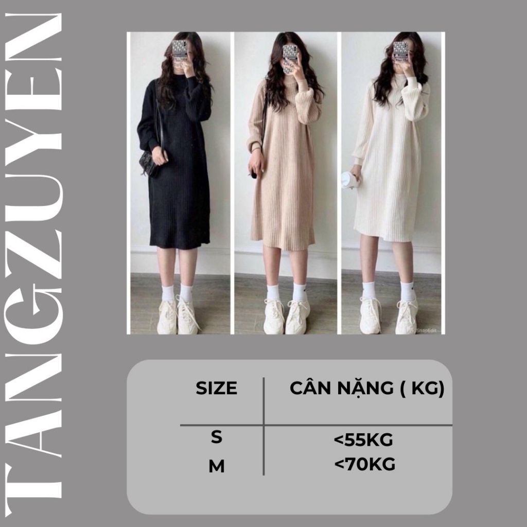 Váy len gân cao cổ dài tay dáng suông tay bo basic đen trắng nâu Đầm nữ dáng rộng bầu oversize thu đông T600G