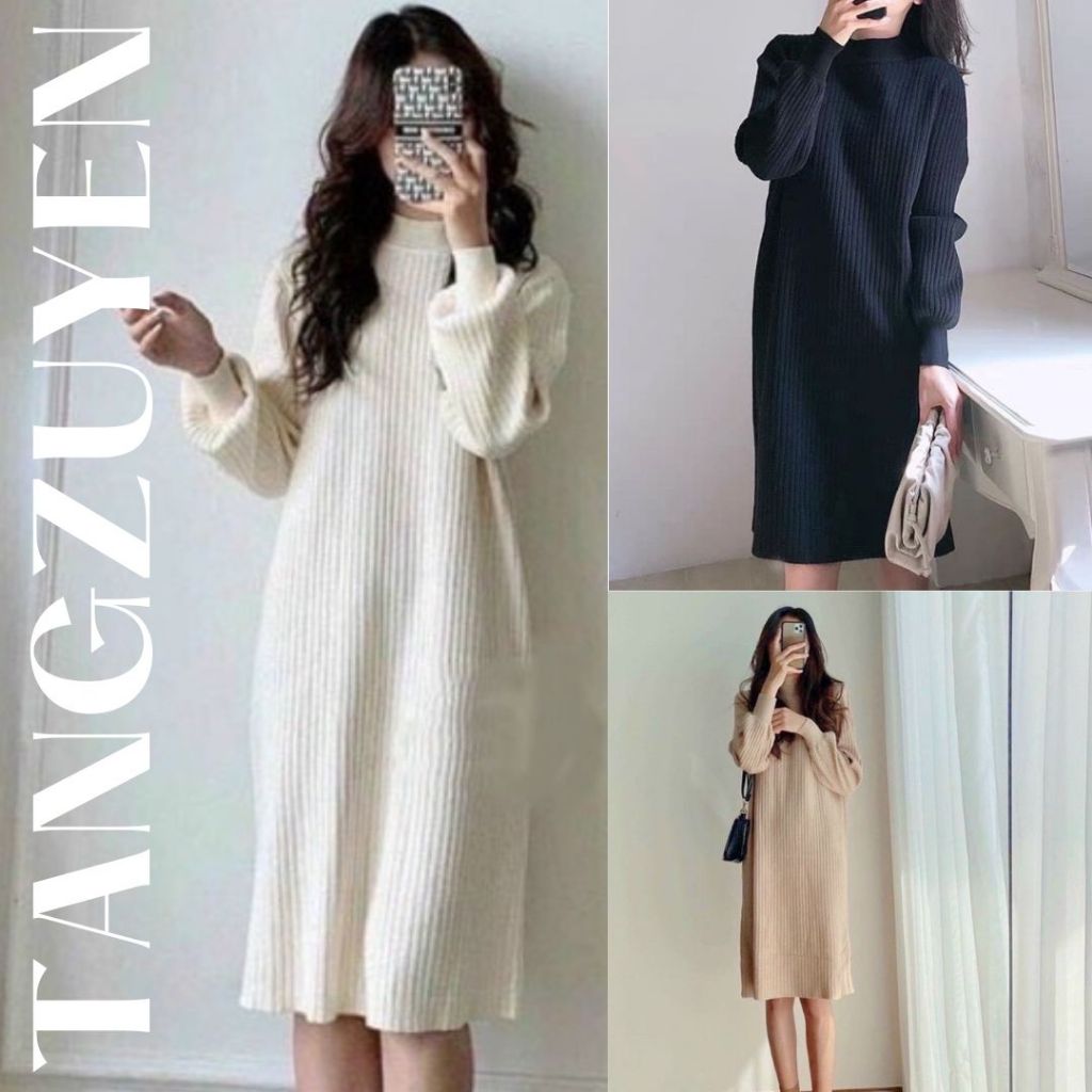 Váy len gân cao cổ dài tay dáng suông tay bo basic đen trắng nâu Đầm nữ dáng rộng bầu oversize thu đông T600G