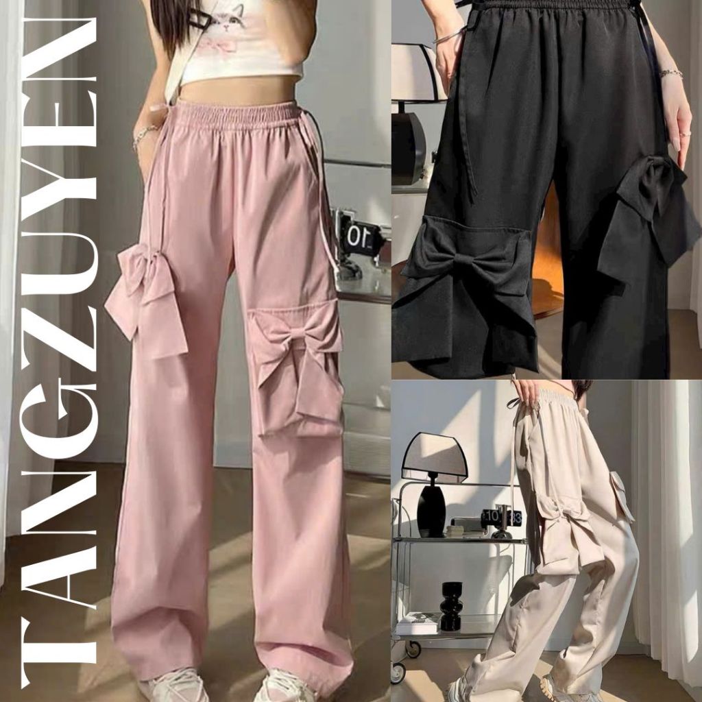 Quần ống rộng kaki gắn nơ to cạp chun dây rút đen hồng be dễ thương Quần dài ống suông bánh bèo nữ tính duyên dáng T584G