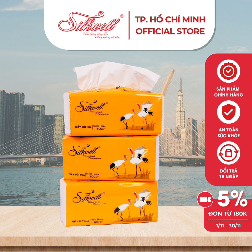 9 gói Khăn giấy rút Silkwell Sếu 200 tờ 3 lớp dai mịn, khăn giấy rút an toàn cho cả gia đình