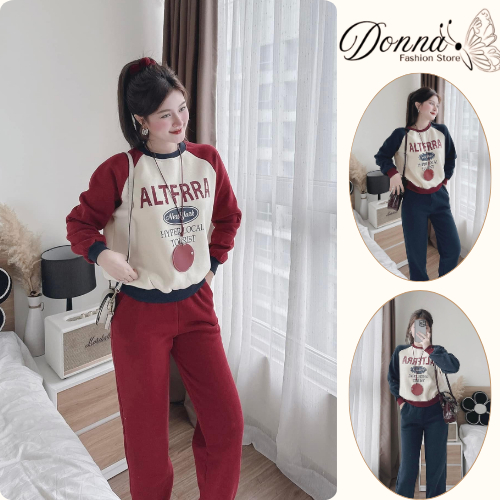 Set đồ nữ, đồ bộ nữ DONNA HCOM3657 thu đông chất nỉ bông mềm mịn dáng thể thao phối 2 màu