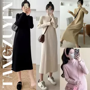 Váy len cổ 3p dài tay dáng suông dài Đầm cao cổ chất len gân to bầu dáng rộng thu đông ấm áp T606G