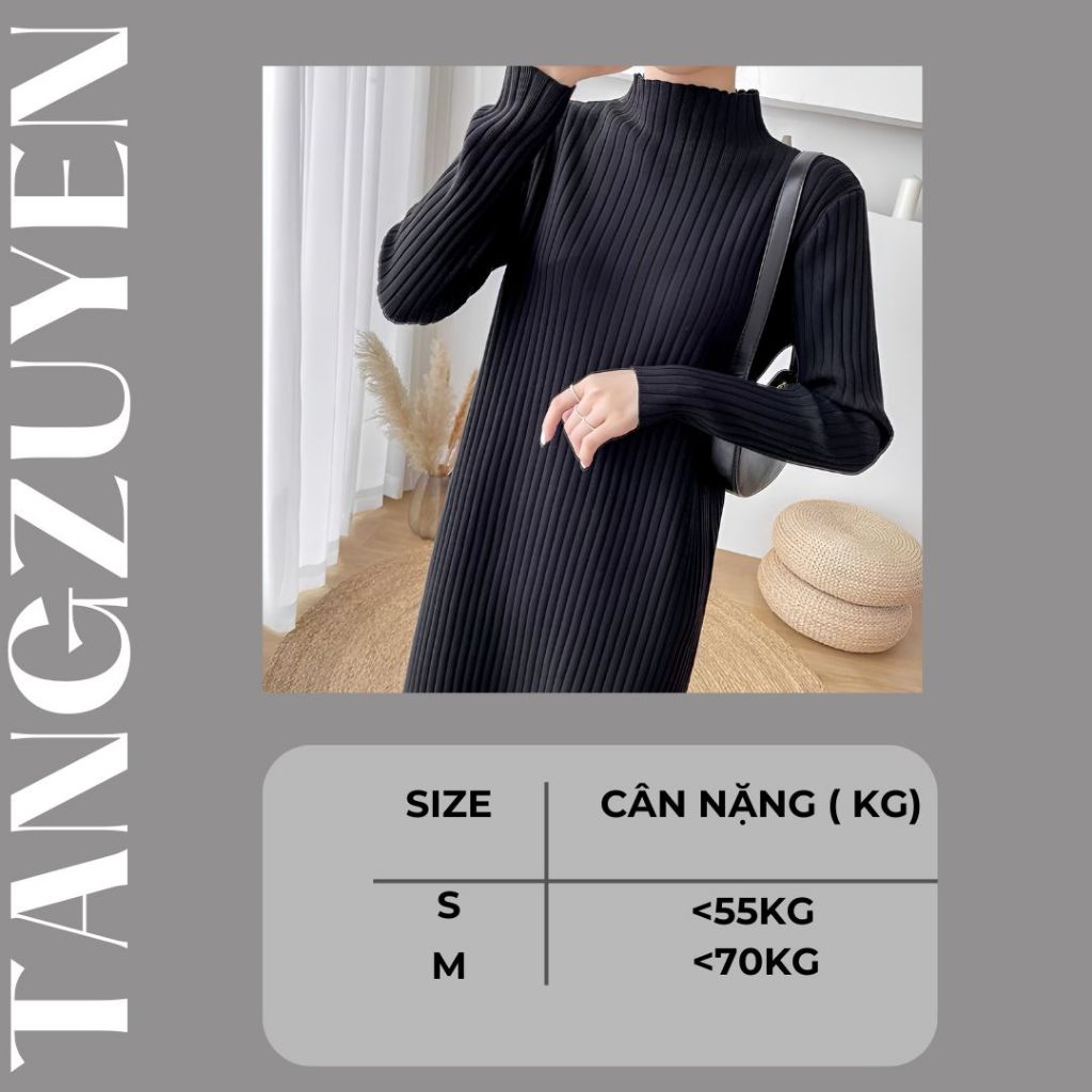 Váy len cổ 3p dài tay dáng suông dài Đầm cao cổ chất len gân to bầu dáng rộng thu đông ấm áp T606G