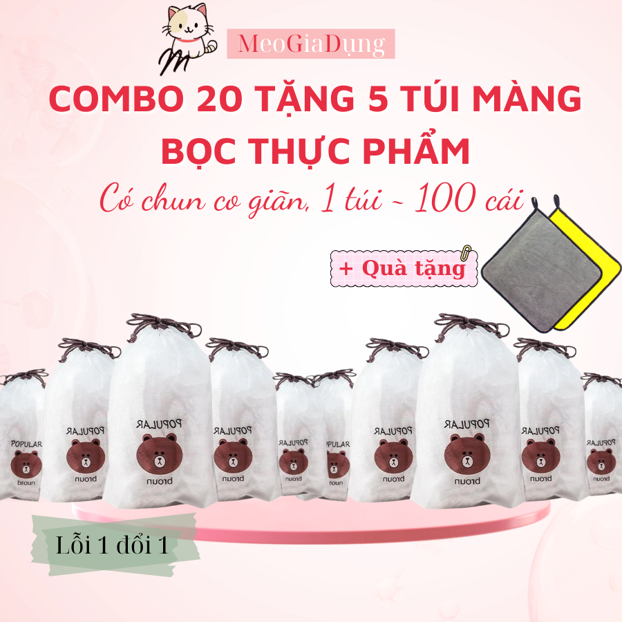 Combo 20 Tặng 5 Túi màng bọc thực phẩm PE, Túi gấu bọc đồ ăn có chun co giãn, ~90 Cái/Túi