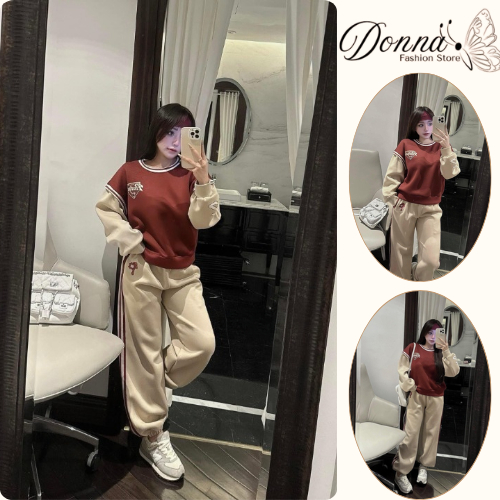Set đồ nữ, đồ bộ nữ DONNA HCOM3715 thu đông chất nỉ bông phối viền kẻ sọc trẻ trung