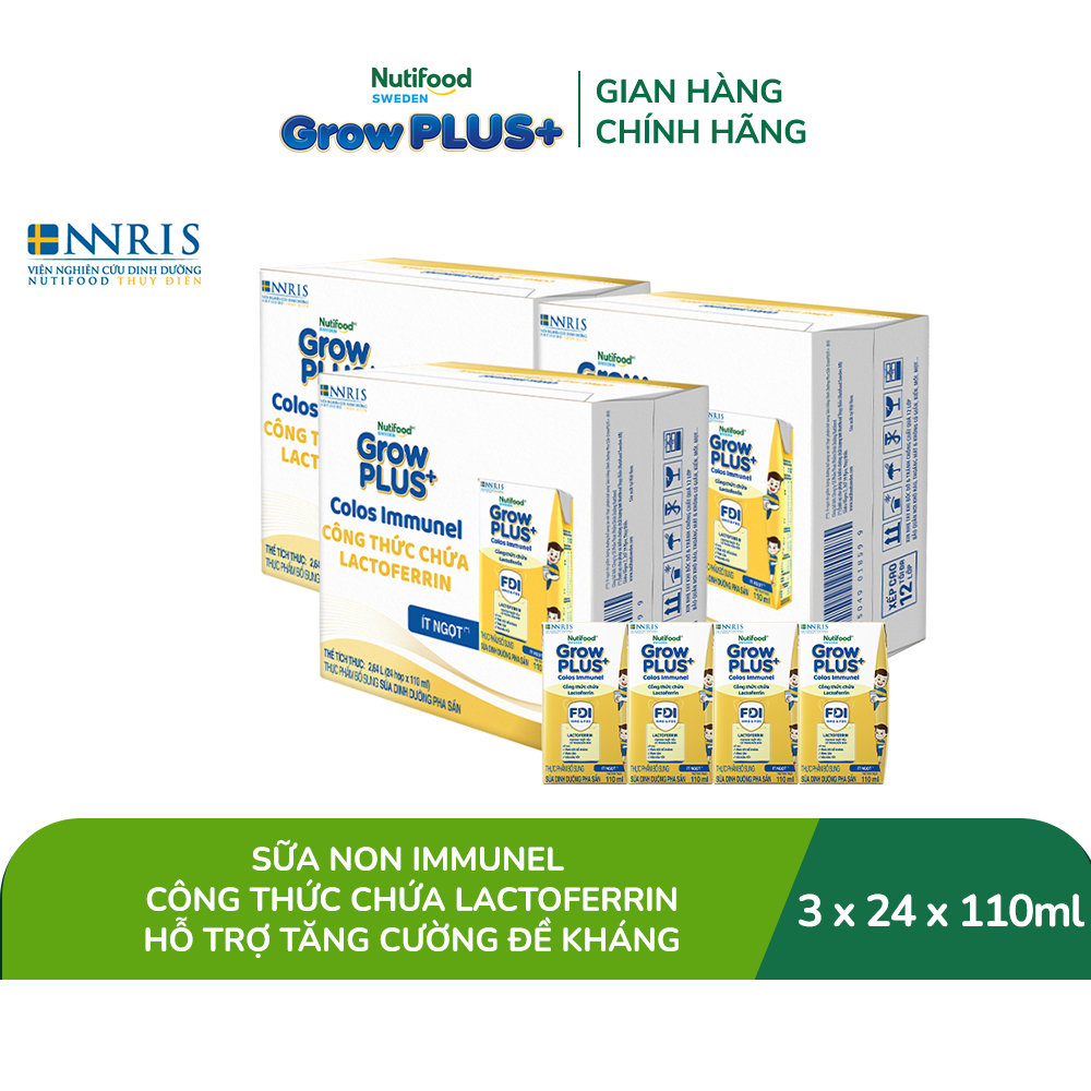 Combo 3 thùng 24 hộp Sữa Bột Pha Sẵn Nutifood Sweden GrowPLUS+ Sữa Non Immunel 110 ml (Bao bì tuỳ lô hàng)