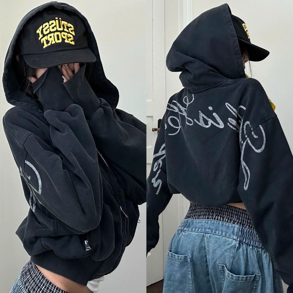 (sẵn)Áo nỉ hoodie zip dáng boxy màu đen bụi phong cách cá tính năng động AKN003 - Tiktik