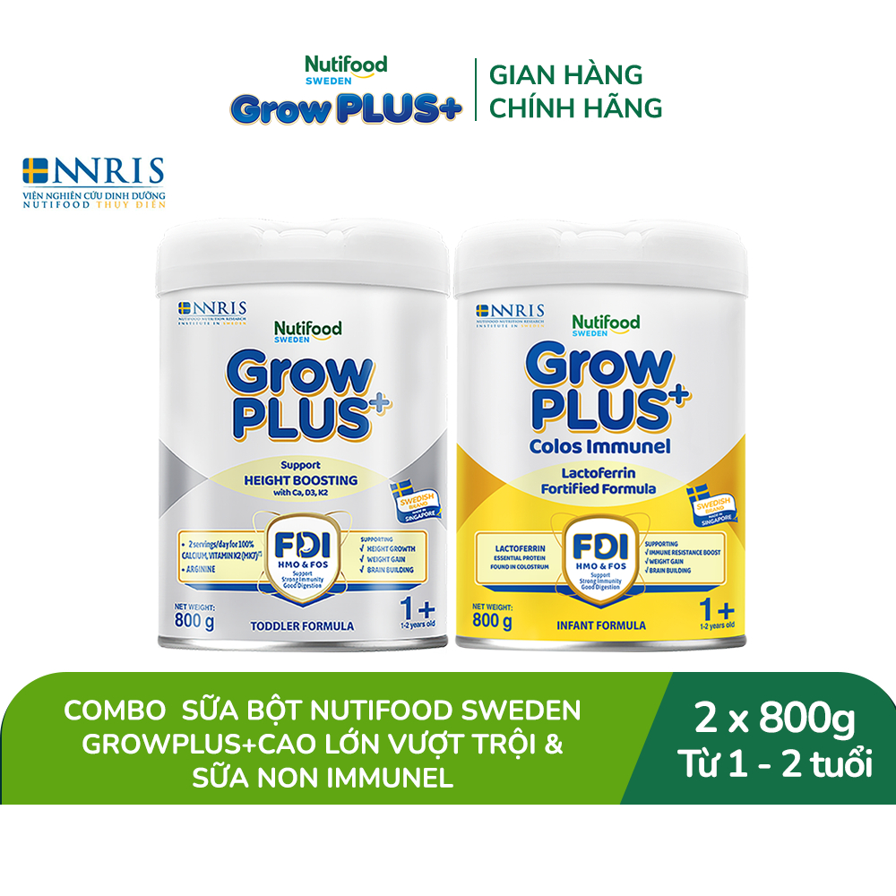 Combo SB NTF Sweden GrowPLUS+ Cao lớn vượt trội (Bạc) & Sữa Non Immunel trên 1 tuổi (2 lon x 800 g) (Bao bì tuỳ lô hàng)