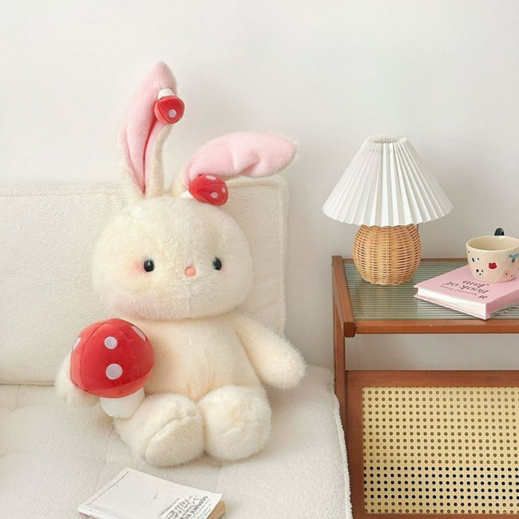 Gấu bông thỏ trắng ôm nấm đáng yêu, Thỏ bông vải lông thỏ tơ dài mềm mại làm quà tặng sinh nhật cho bạn gái,cho bé
