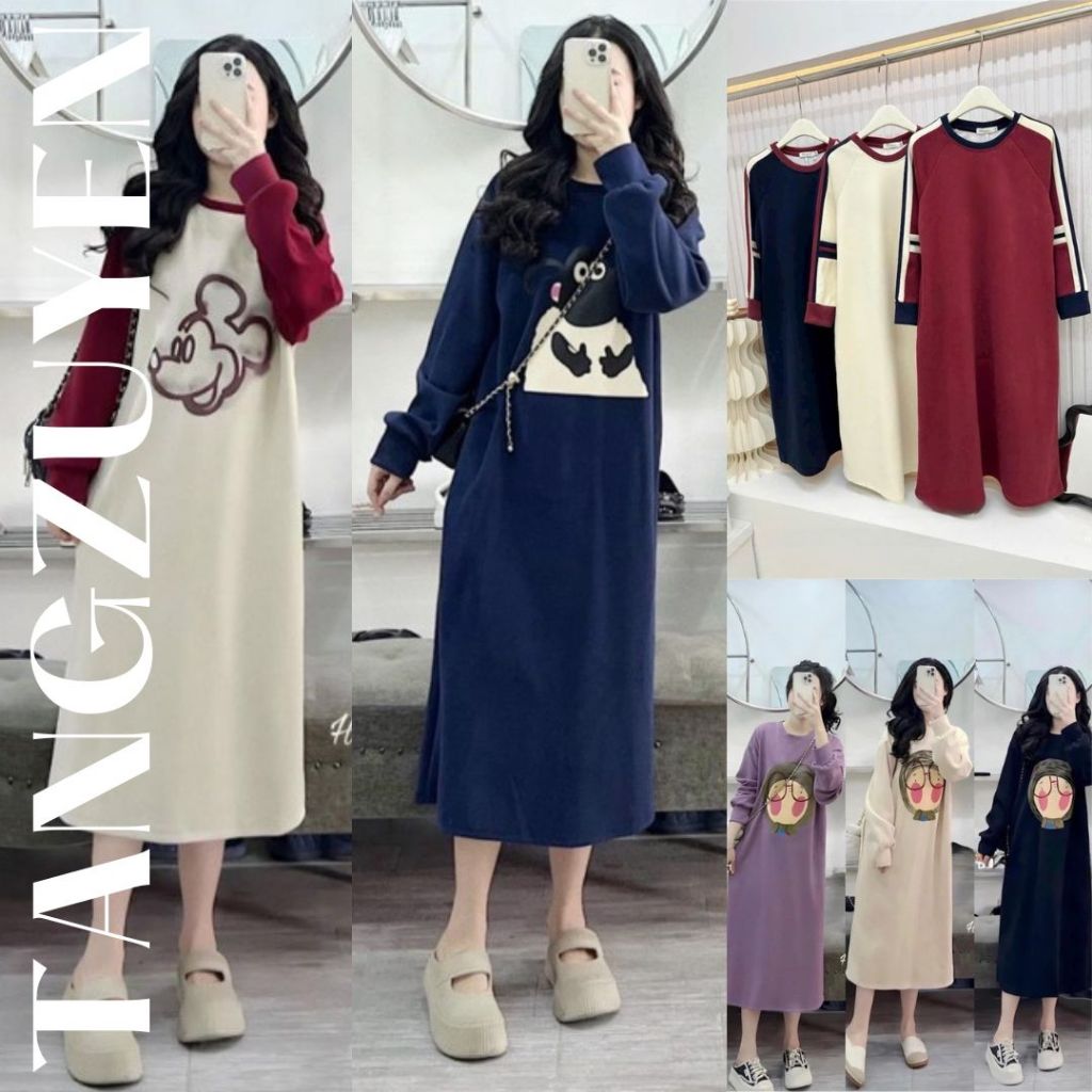 ( nhiều họa tiết ) Váy thun dài tay form rộng cổ tròn bigsize Đầm bầu dáng to oversize thu đông dáng dài T601G