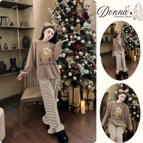 Set đồ nữ, đồ bộ nữ DONNA HCOM3599 thu đông áo gấu nơ mix quần kẻ viền bèo dáng suông
